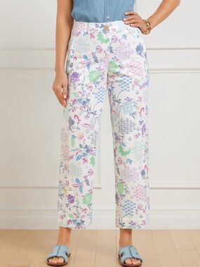 Talbot’s Women’s Sz 10 Straight Crop Pants Whimsical Jacobean White Floral Print